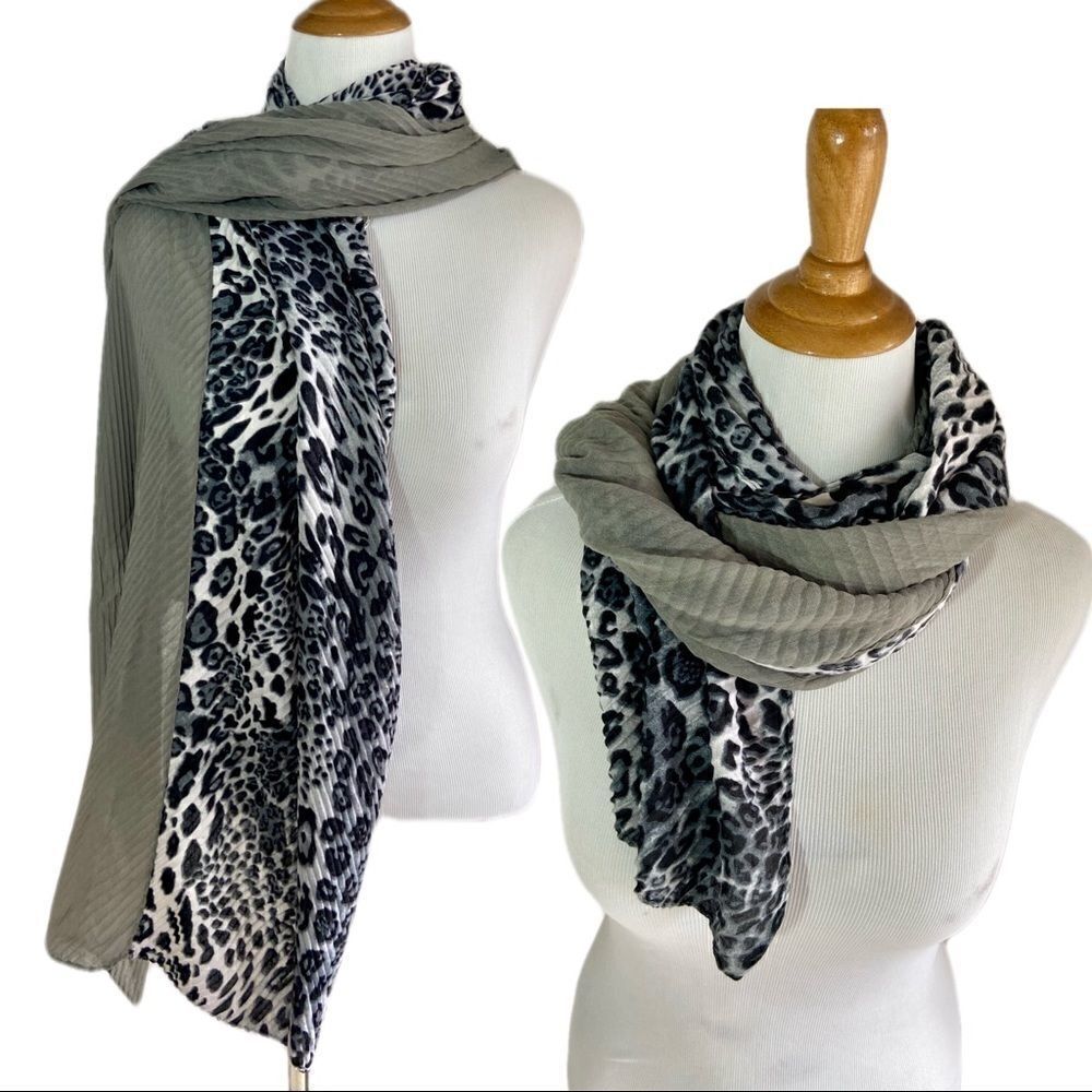 Grey Leopard Print & Solid Pleated Versatile Long Scarf - Picture 4 of 11